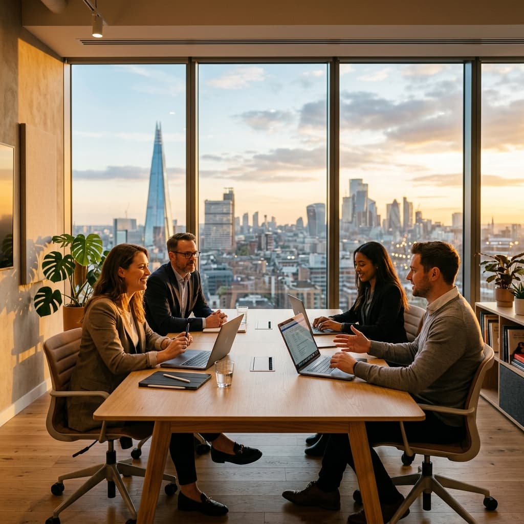 Professional team collaborating in a modern office at golden hour