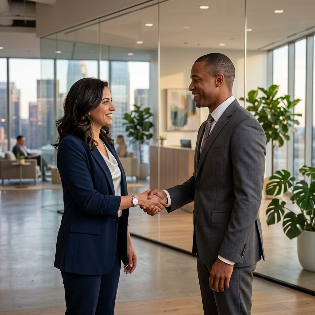 Professional team members shaking hands in a collaborative partnership